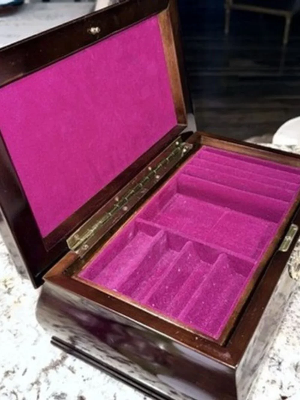 Vintage Large Red Mahogany Wood Jewelry Box Red Velvet Lining - WITH Key - Korea